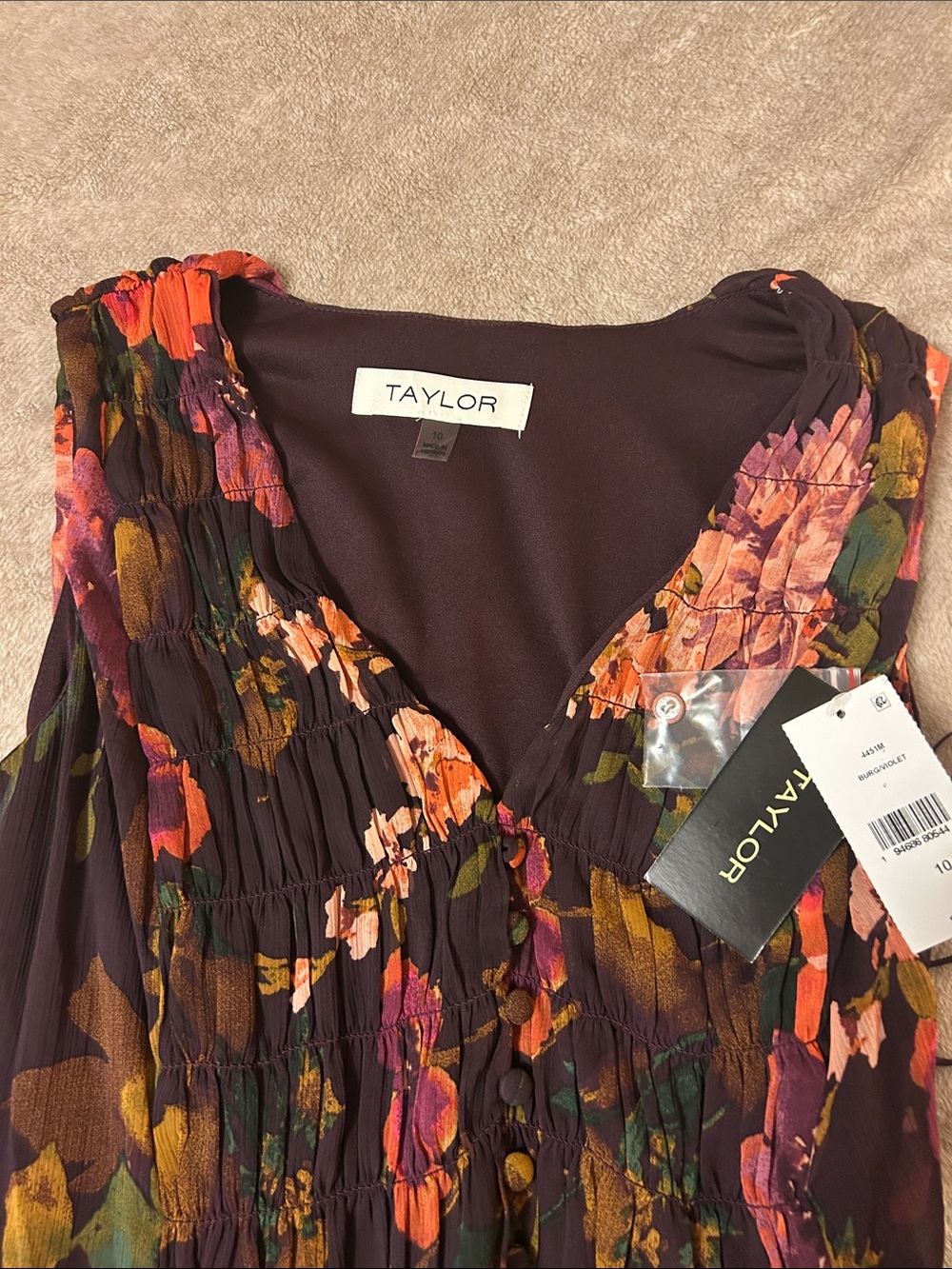 Taylor Chiffon Floral V-Neck Sleeveless Midi Dress in Burgundy/Violet Size 10 - Picture 7 of 9